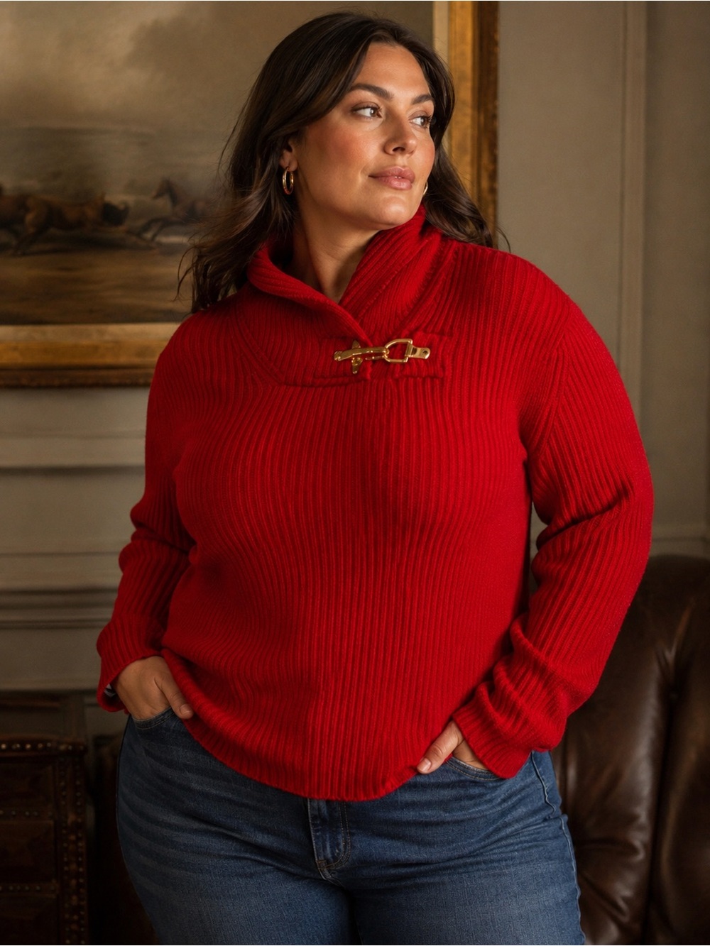 Lauren Ralph Lauren Red Ribbed Cowl Sweater with Gold Hardware